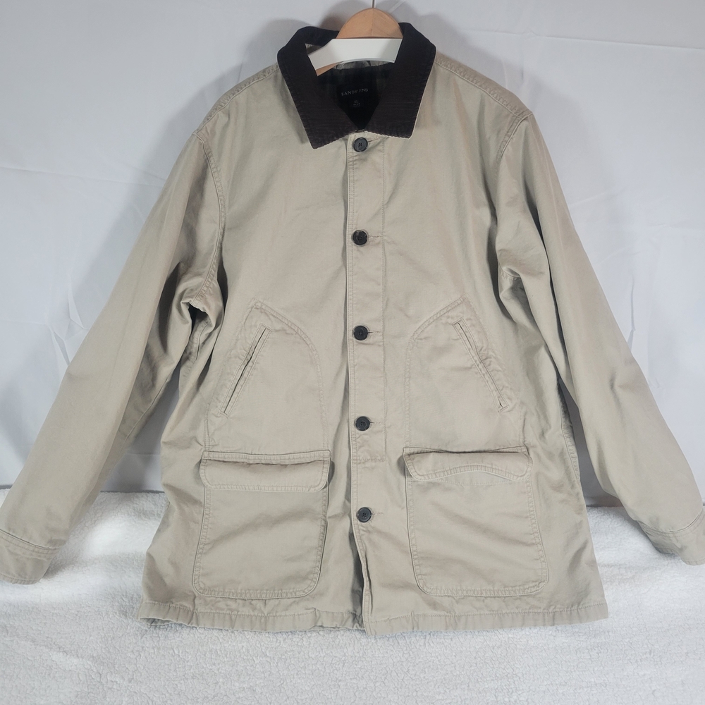Lands' End Jacket Mens XL Tan Barn Chore Coat Flannel Lined Corduroy Collar EUC
